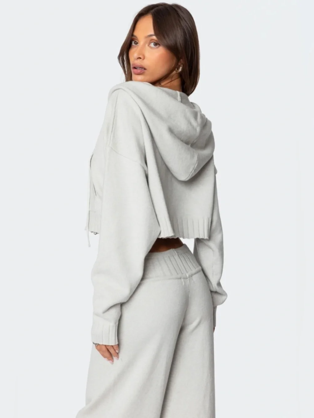 Edikted Russell Knit Hooded Cardigan Gray Cropped Zip Hoodie XS NWT - Picture 5 of 7